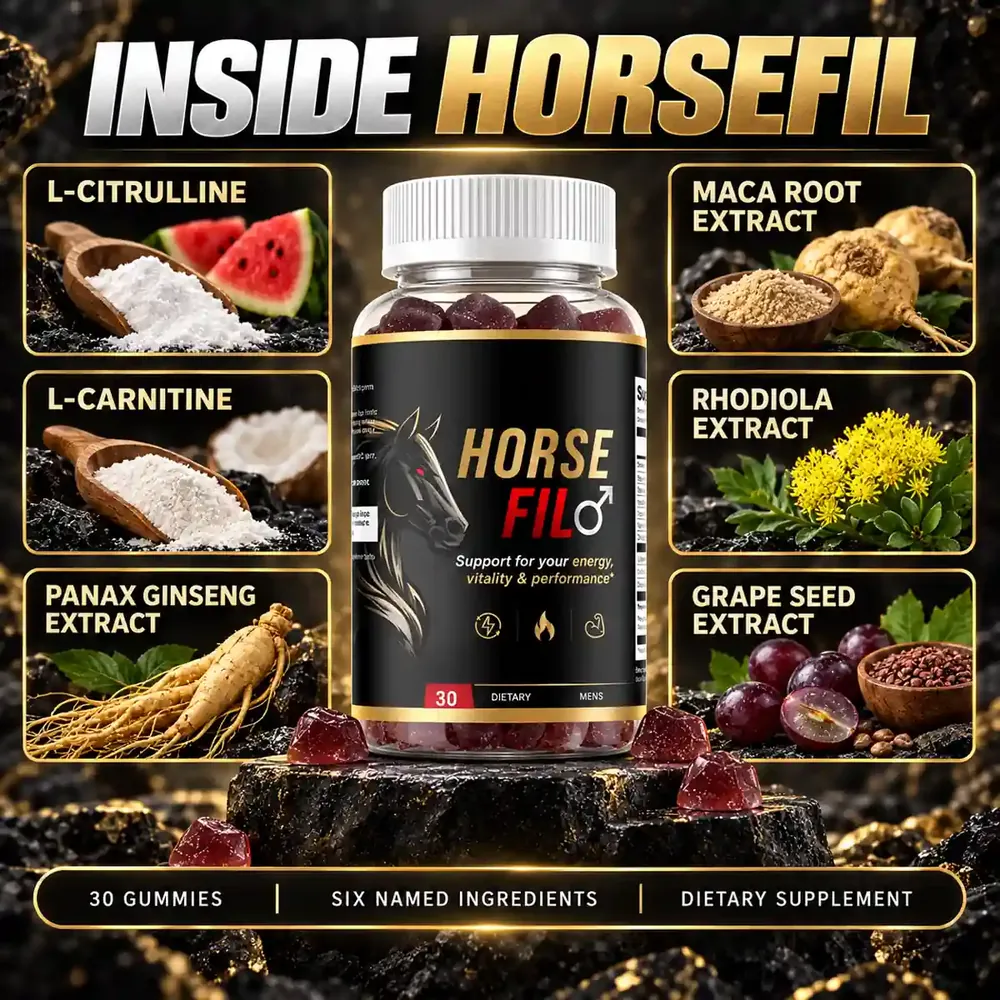 Inside HorseFil panel naming L-citrulline, L-carnitine, Panax ginseng, maca root, rhodiola and grape seed extract