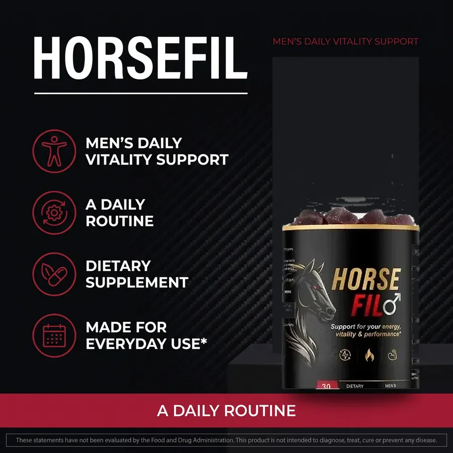 HorseFil brand panel: men's daily vitality support, a daily routine, dietary supplement, made for everyday use