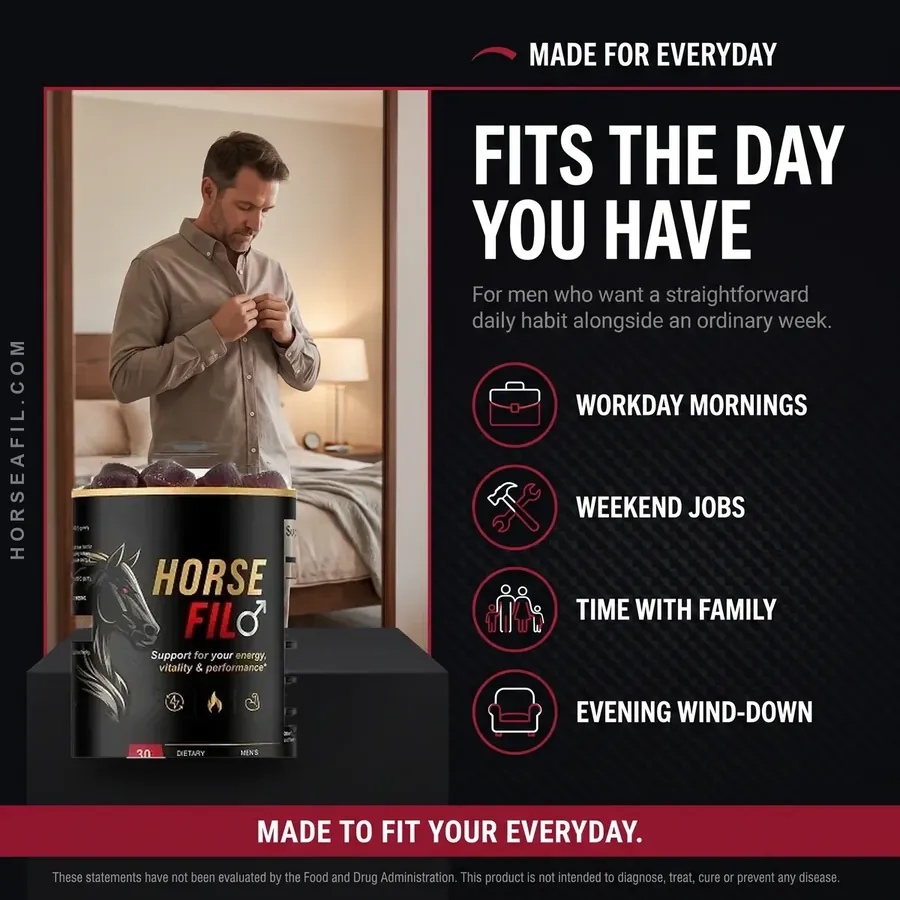 Man buttoning his shirt in a bedroom beside a jar of HorseFil, with the words Fits the day you have