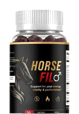 HorseFil men's gummies jar: black label with a gold horse and the line Support for your energy, vitality and performance